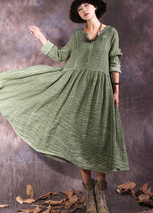 100% green long sleeve cotton dresses v neck Maxi autumn Dresses - SooLinen