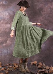 100% green long sleeve cotton dresses v neck Maxi autumn Dresses - SooLinen