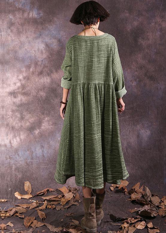 100% green long sleeve cotton dresses v neck Maxi autumn Dresses - SooLinen