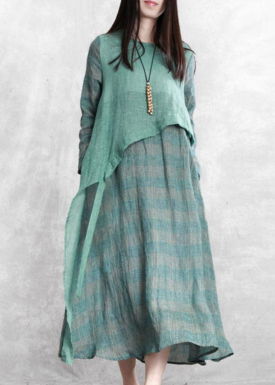 100% green plaid tunic top o neck asymmetric Maxi fall Dresses - SooLinen