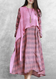 100% green plaid tunic top o neck asymmetric Maxi fall Dresses - SooLinen