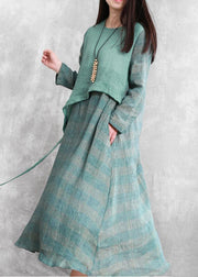 100% green plaid tunic top o neck asymmetric Maxi fall Dresses - SooLinen