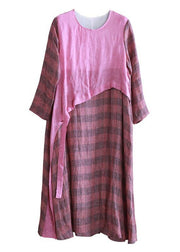 100% green plaid tunic top o neck asymmetric Maxi fall Dresses - SooLinen