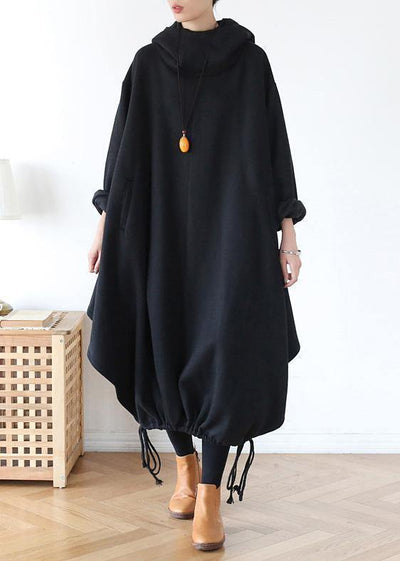 100% hooded asymmetric cotton Wardrobes Work black Maxi Dress - SooLinen