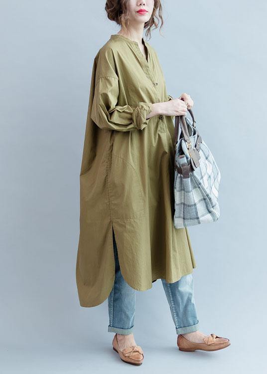 100% khaki cotton clothes Women side open loose fall Dress - SooLinen