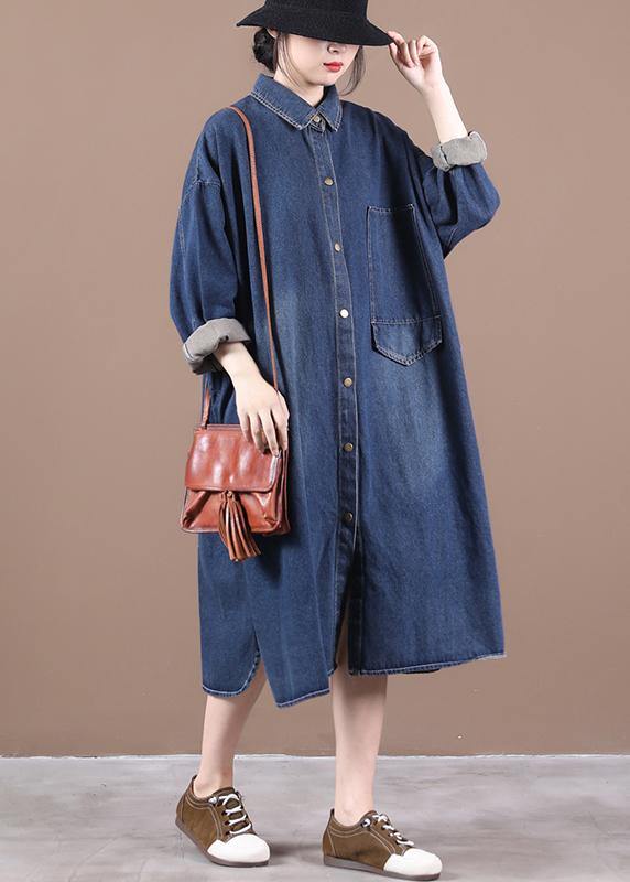 100% lapel patchwork spring outfit Fashion Ideas denim blue long Dress - SooLinen