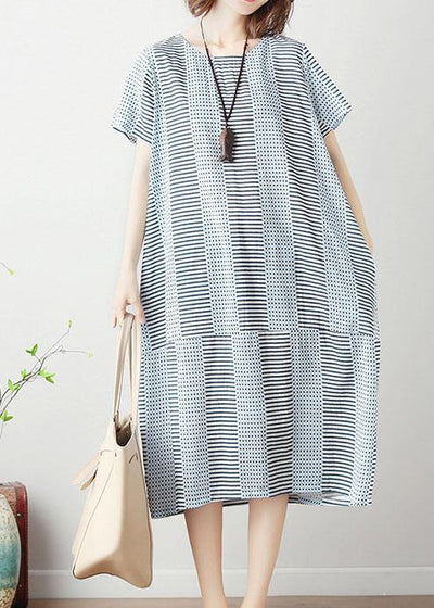 100% light blue striped Cotton Long Shirts patchwork Dresses summer Dresses - SooLinen