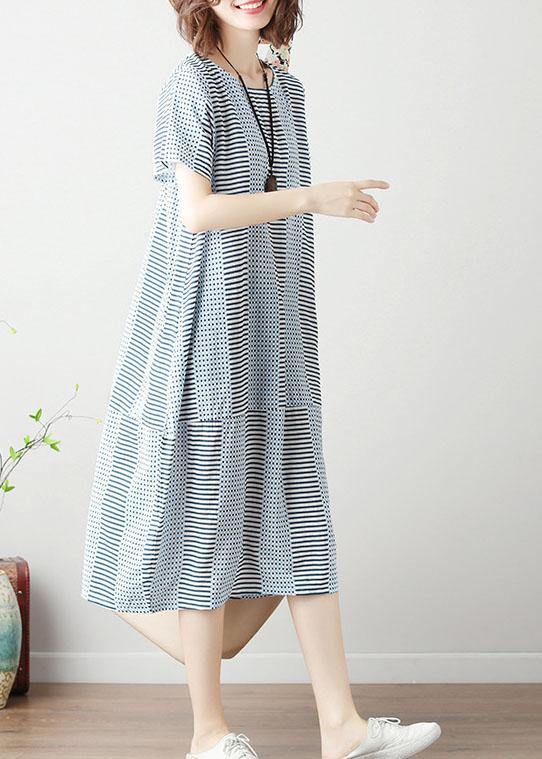 100% light blue striped Cotton Long Shirts patchwork Dresses summer Dresses - SooLinen