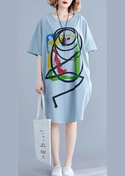 100% light green o neck Cotton clothes Women Cartoon print baggy summer Dresses - SooLinen