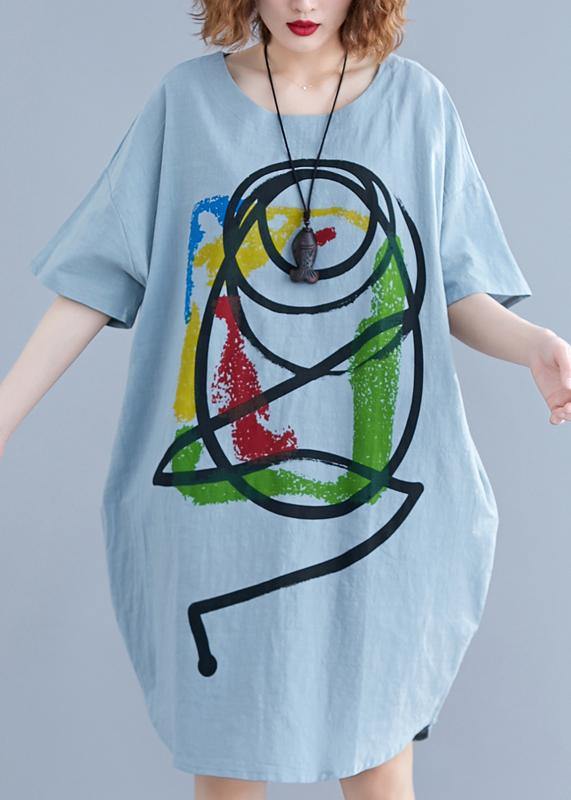 100% light green o neck Cotton clothes Women Cartoon print baggy summer Dresses - SooLinen