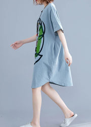 100% light green o neck Cotton clothes Women Cartoon print baggy summer Dresses - SooLinen