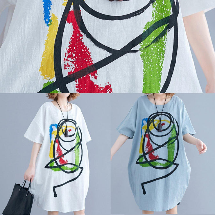 100% light green o neck Cotton clothes Women Cartoon print baggy summer Dresses - SooLinen