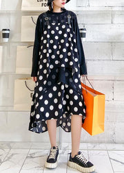 100% o neck asymmetric clothes Tutorials black dotted long Dress - SooLinen