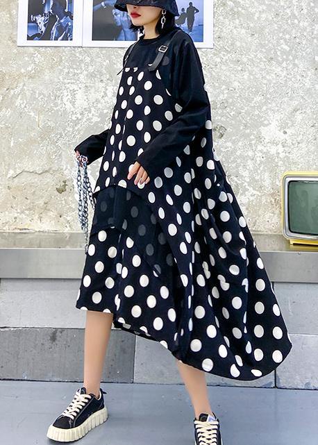 100% o neck asymmetric clothes Tutorials black dotted long Dress - SooLinen