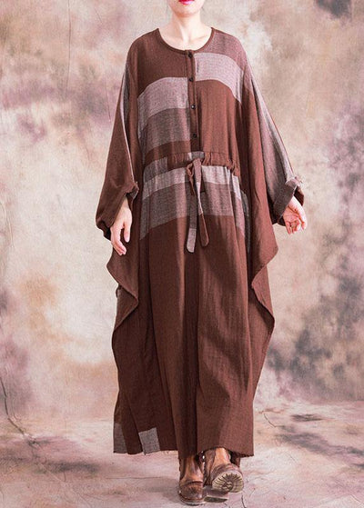 100% o neck asymmetric linen clothes For Women brown plaid drawstring Dresses fall - SooLinen