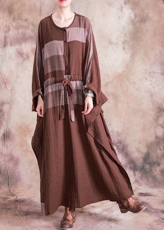 100% o neck asymmetric linen clothes For Women brown plaid drawstring Dresses fall - SooLinen