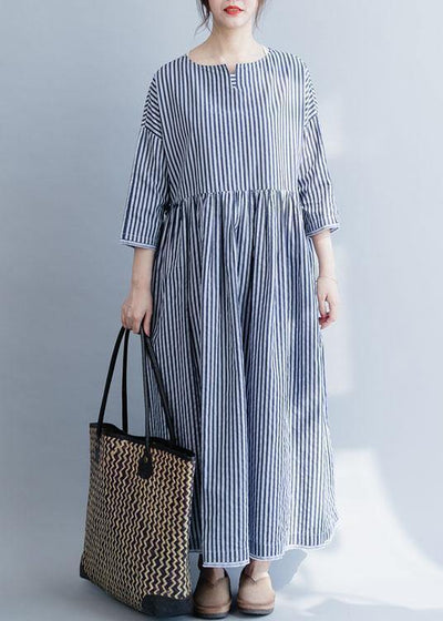 100% o neck half sleeve cotton dresses Neckline blue striped Maxi Dress fall - SooLinen