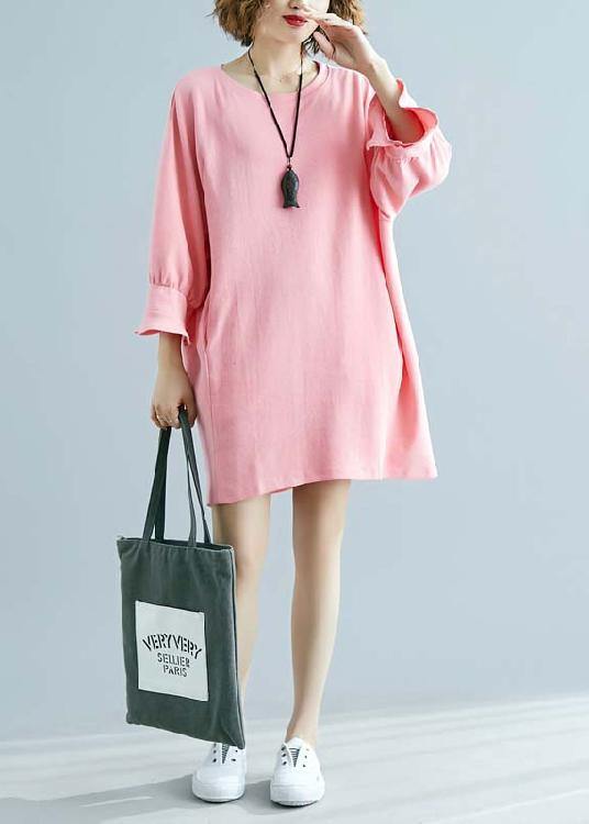 100% o neck half sleeve linen outfit Tunic Tops pink Dresses summer - SooLinen