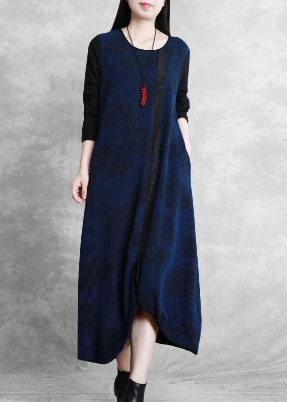 100% o neck patchwork fall Tunics Outfits navy A Line Dresses - SooLinen