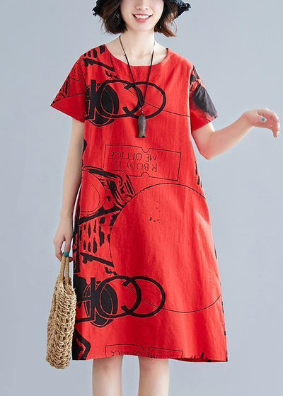 100% o neck short sleeve linen cotton clothes red print Dress summer - SooLinen