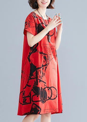 100% o neck short sleeve linen cotton clothes red print Dress summer - SooLinen