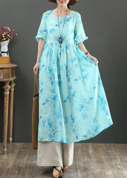 100% o neck Cinched linen summer dresses design blue print Dresses - SooLinen