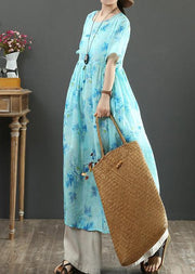 100% o neck Cinched linen summer dresses design blue print Dresses - SooLinen