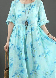 100% o neck Cinched linen summer dresses design blue print Dresses - SooLinen