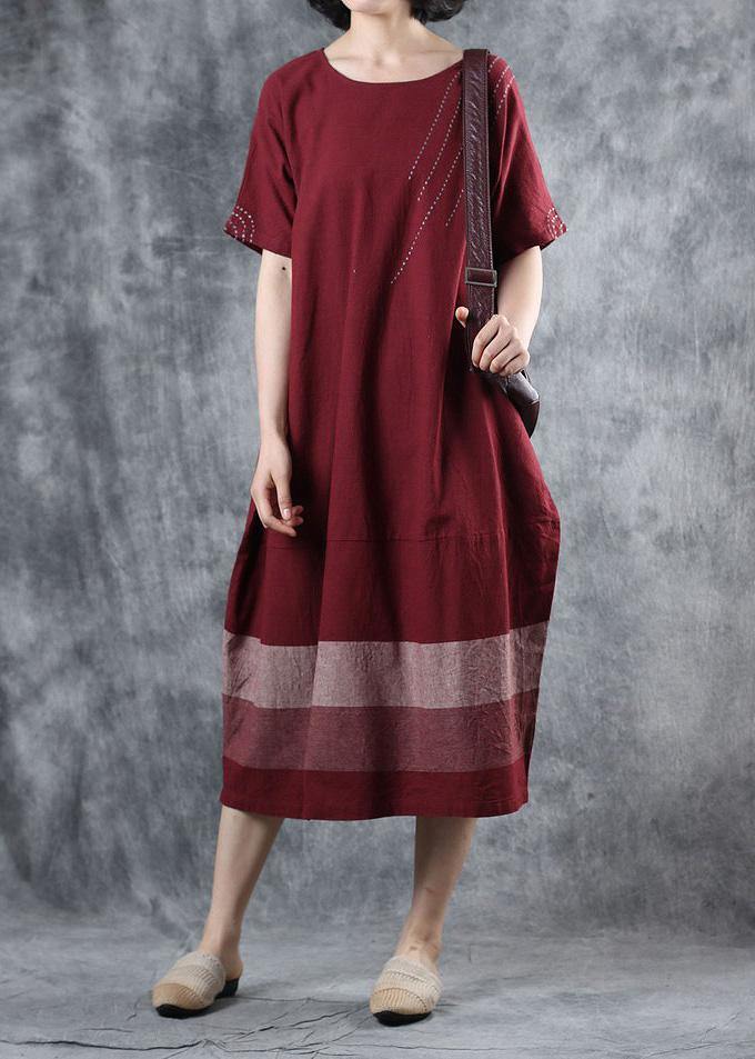 100% patchwork cotton Tunic Tutorials burgundy cotton Dresses summer - SooLinen