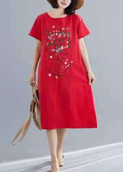 100% red Cotton Long Shirts stylish Inspiration prints Plus Size summer Dresses - SooLinen