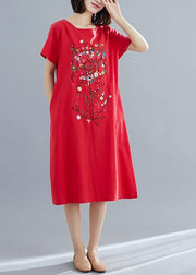 100% red Cotton Long Shirts stylish Inspiration prints Plus Size summer Dresses - SooLinen