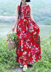 100% red floral linen sleeveless long summer Dresses - SooLinen