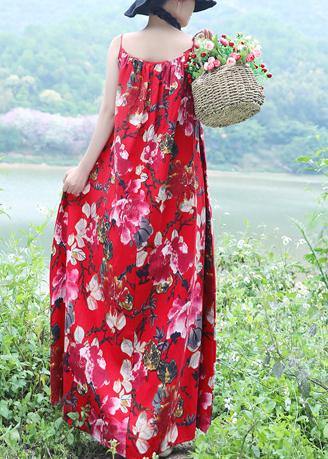 100% red floral linen sleeveless long summer Dresses - SooLinen