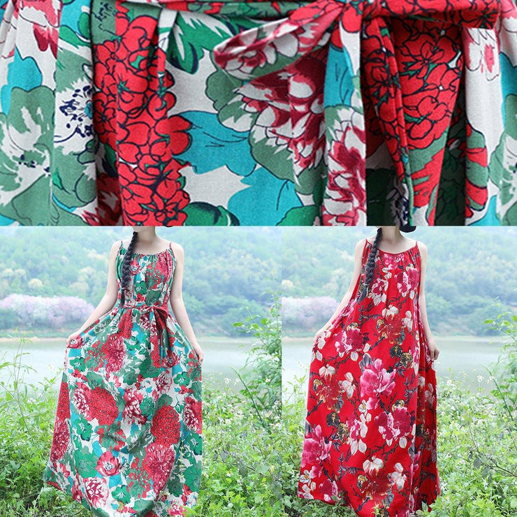 100% red floral linen sleeveless long summer Dresses - SooLinen