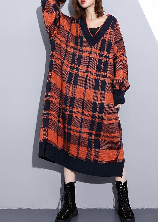 100% side open Cotton v neck dresses Shape red plaid Dresses - SooLinen