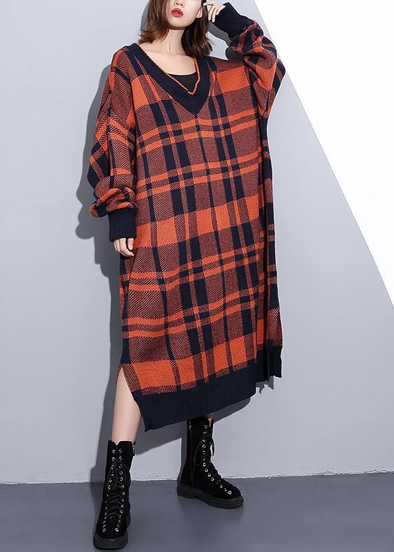 100% side open Cotton v neck dresses Shape red plaid Dresses - SooLinen