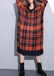 100% side open Cotton v neck dresses Shape red plaid Dresses - SooLinen