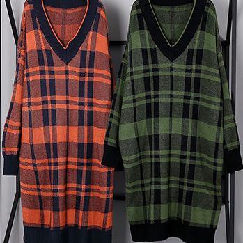 100% side open Cotton v neck dresses Shape red plaid Dresses - SooLinen