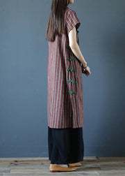 100% striped cotton Tunics stand collar Chinese Button Art Dress - SooLinen