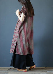 100% striped cotton Tunics stand collar Chinese Button Art Dress - SooLinen