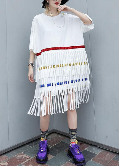 100% white Cotton clothes layered tassel shift summer Dresses - SooLinen