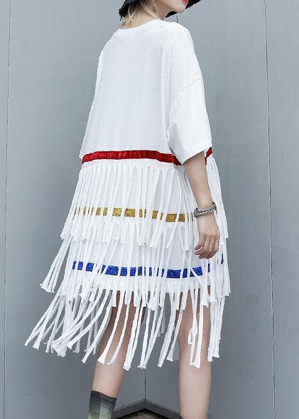 100% white Cotton clothes layered tassel shift summer Dresses - SooLinen