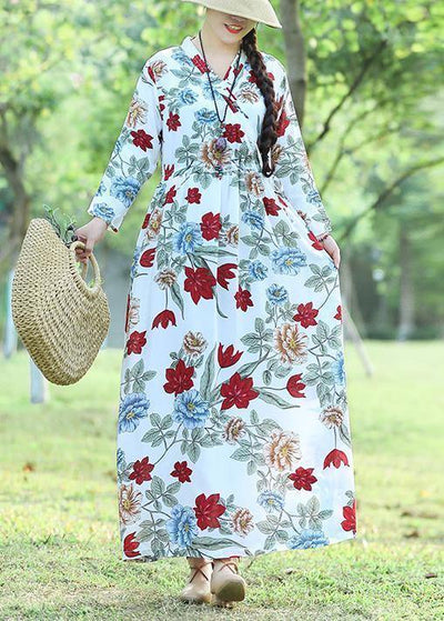 100% white prints cotton Wardrobes Fun Work Outfits v neck loose summer Dress - SooLinen