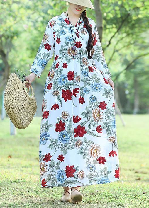 100% white prints cotton Wardrobes Fun Work Outfits v neck loose summer Dress - SooLinen