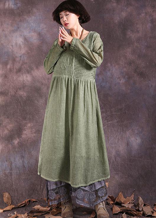 100% Cinched cotton linen outfit design green Dresses summer - SooLinen