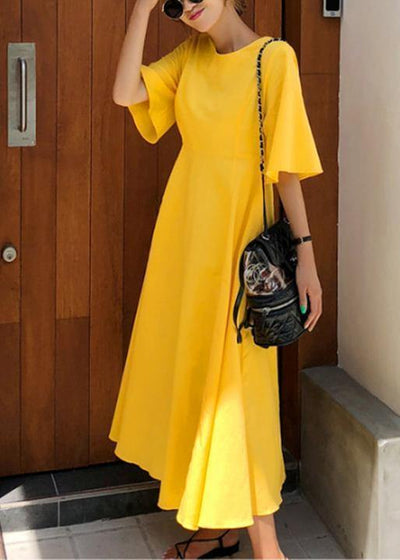 100% yellow cotton linen Long Shirts flare sleeve Bow loose summer Dress - SooLinen