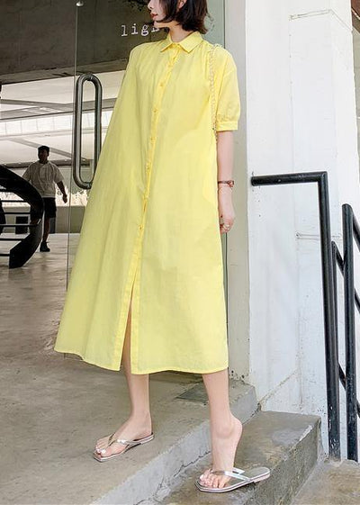 100% yellow lapel collar cotton quilting dresses lapel collar loose Dress - SooLinen