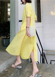 100% yellow lapel collar cotton quilting dresses lapel collar loose Dress - SooLinen