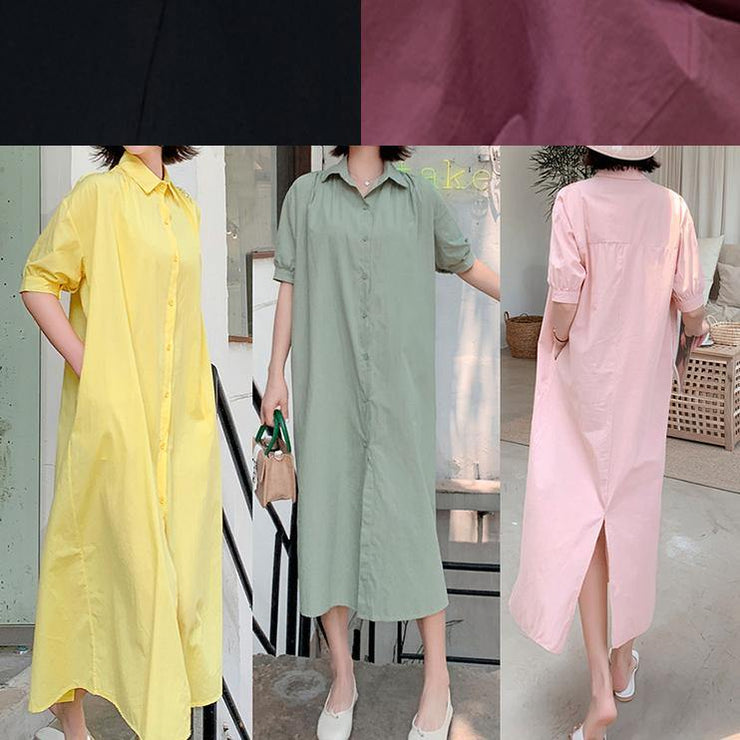 100% yellow lapel collar cotton quilting dresses lapel collar loose Dress - SooLinen