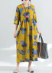 100% yellow prints linen dress Boho Catwalk high waist summer Dresses - SooLinen